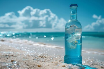 A steamy bottle of blue lemonade with ice stands on the beach on white sand. Ocean with waves. Sea vacation. To advertise a seaside vacation for a travel agency.	