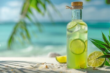 Obraz premium A steamy bottle of green lemonade with ice stands on the beach on white sand. Ocean with waves. Sea vacation. To advertise a seaside vacation for a travel agency. 