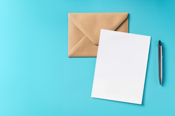 Blank sheet of paper, letter envelope and pen on blue background, top view. Space for text