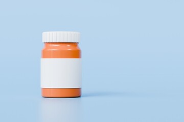 3d Medicine Pill bottle icon isolated on blue background. Emergency, Safety, Hospital doctor equipment medic health care concept. Minimal plastic white, blue, orange bottle pill icon. 3d render.