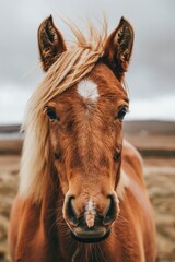 Close up of a brown horse with a blonde mane with blur background
