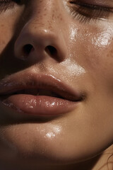 Ultra-Detailed Close-Up Photo of a Young Woman's Face Highlighting Clear, Healthy Skin