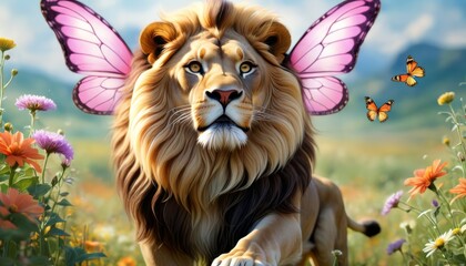 A majestic lion adorned with delicate pink butterfly wings stands in a colorful meadow, surrounded by vibrant flowers and fluttering butterflies, creating a surreal and enchanting scene.. AI
