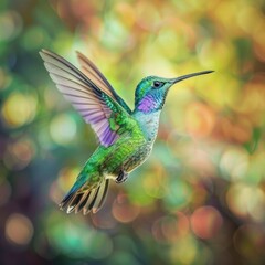 Obraz premium a cute green hummingbird flying on green blur bokeh background