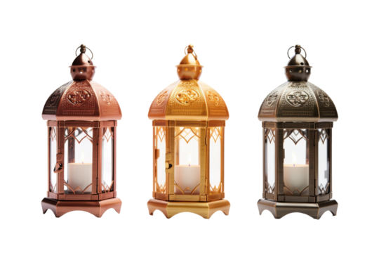 Illuminated Trio: Radiant Lantern Trio on a White or Clear Surface PNG Transparent Background.. - Powered by Adobe