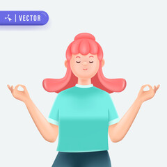 Young woman with pink hair meditate in isolated background vector illustration. 3d vector people character illustration.