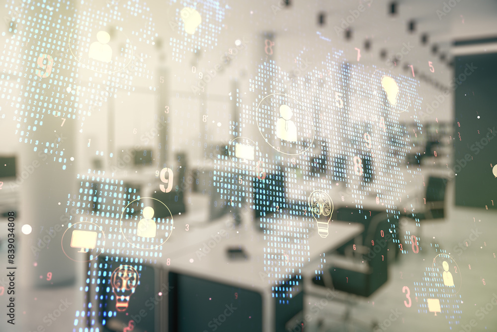 Poster double exposure of social network icons interface and world map on a modern furnished office interio