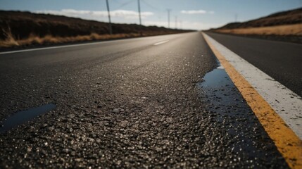 Naklejka premium Road. A close-up view of a paved road with a puddle of water on it. The road is made of asphalt and is dark gray in color.