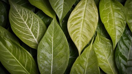 Green leaves. The leaves are large and oval-shaped, with serrated edges. They are a deep green color, and they are covered in small veins.