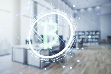 Double exposure of creative Bitcoin symbol hologram on modern corporate office background....