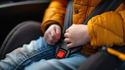 the child is strapped into a safety seat in the car