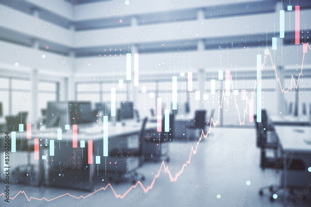 Aufkleber multi exposure of virtual abstract financial graph interface on a modern furnished classroom backgro
