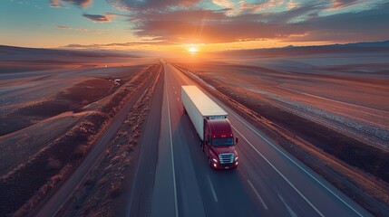 Obraz premium drone view, long road truck, sunset