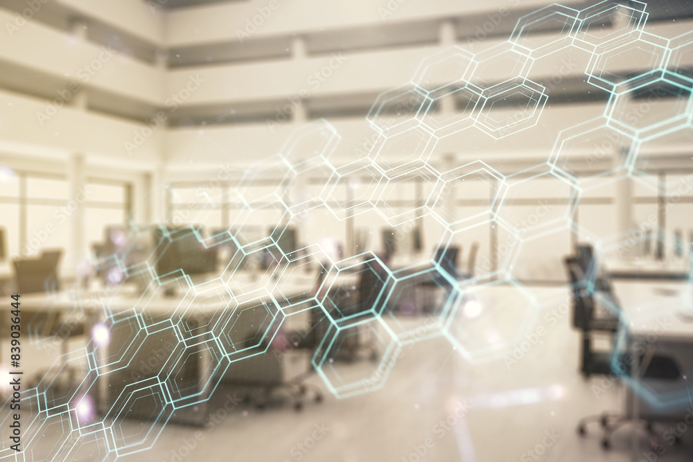 Aufkleber abstract virtual wireless technology hologram with hexagon on a modern furnished office background. 