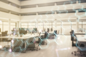 Abstract virtual wireless technology hologram with hexagon on a modern furnished office background....