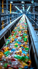 Plastic bottles on conveyor belt in factory. Industrial background.