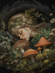 Obraz premium Sleeping Girl Surrounded by Enchanted Mushrooms and Foliage