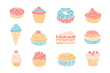 Sweet French Bakery Dessert Set Cakes Doodle Icons