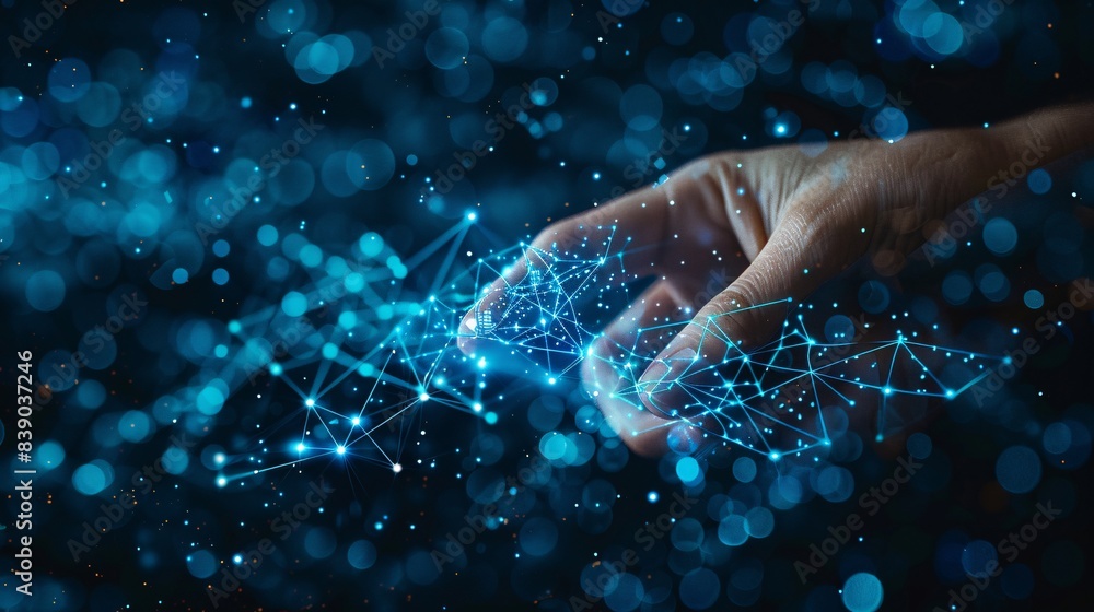 Poster artificial intelligence and the human hand touching with digital data connection technology backgrou