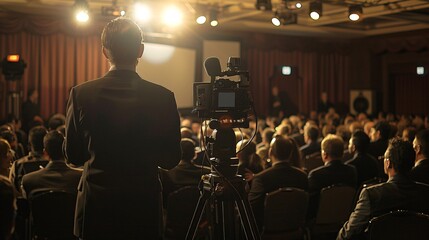 A business speaker stands in front of an audience, giving their presentation at the conference hall or event space. The crowd is engaged and listening intently as they capture ideas from his