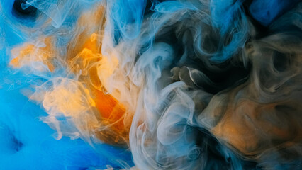 Ink mix water. Fume cloud flow. Blur blue orange color glowing shiny steam blend wave floating fantasy abstract art background.