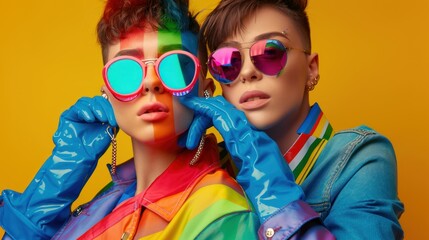 stylish American LGBTQ couple in sunglasses and gloves