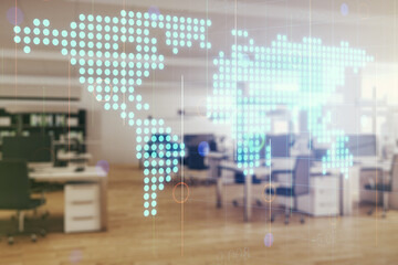 Multi exposure of abstract graphic world map hologram on a modern furnished office interior...