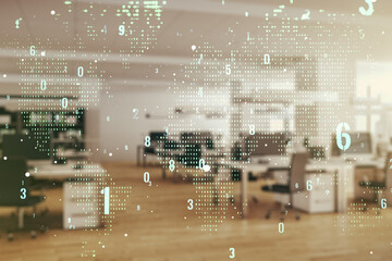 Multi exposure of abstract software development hologram and world map on modern corporate office...