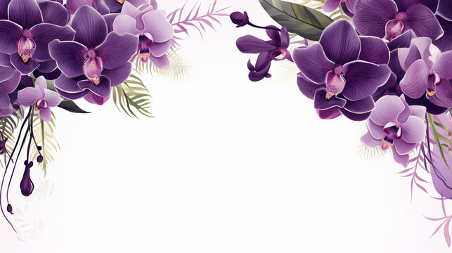 Elegant purple orchid floral border on white background, perfect for invitations, greeting cards, and decorative designs.