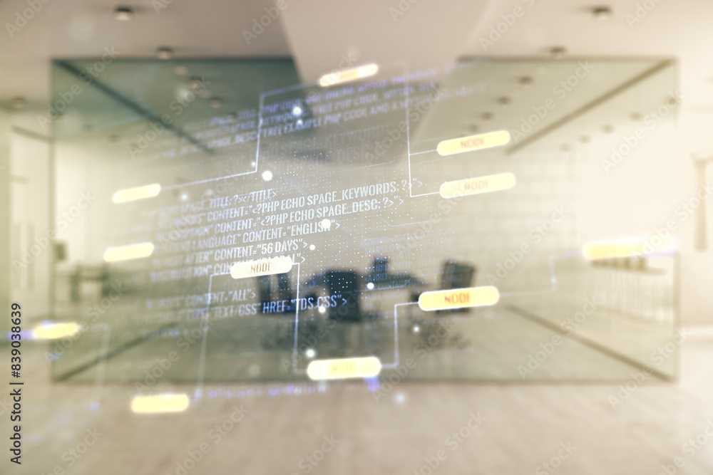 Poster multi exposure of abstract graphic coding sketch on a modern furnished classroom background, big dat