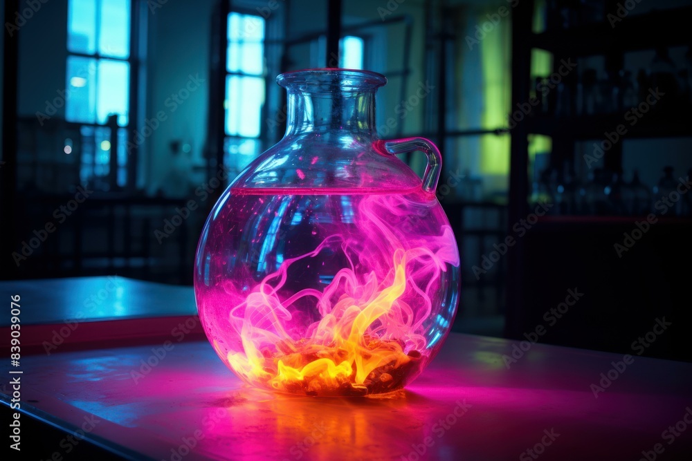Poster captivating image of a colorful chemical experiment in a glass flask on a lab bench