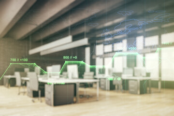 Abstract virtual stats data hologram on a modern furnished office background. Multiexposure