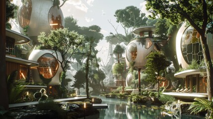 A futuristic cityscape with many buildings and a large body of water