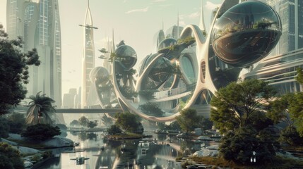 a futuristic urban landscape with smart buildings