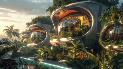 a futuristic eco-resort that grows its own food and energy, blending luxury with sustainability