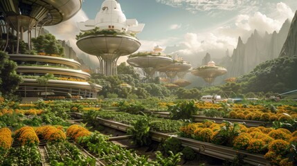 a futuristic landscape where nanotechnology has revolutionized agriculture