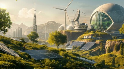 a futuristic world where renewable energy has transformed the landscape