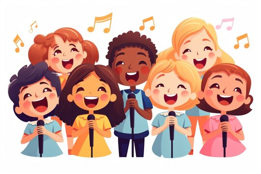 singing kids cartoon style, holding microphones