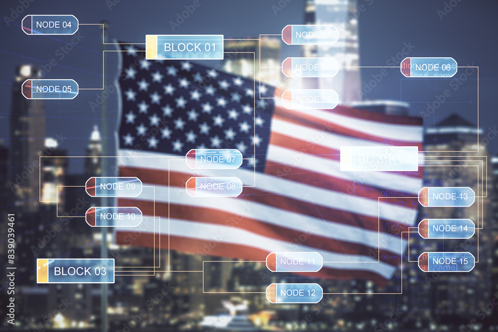 Fototapete multi exposure of abstract creative coding sketch on usa flag and blurry cityscape background, artif