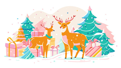 Festive Reindeer and Gifts: A Colorful Christmas Illustration