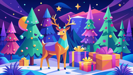 Naklejka premium Enchanted Forest at Night with Majestic Deer and Festive Christmas Trees