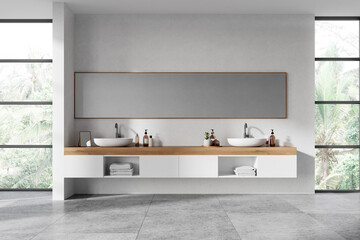 Hotel bathroom interior with double sink and accessories, panoramic window