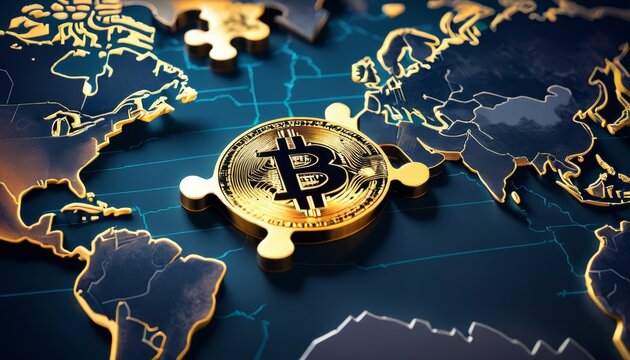 A golden Bitcoin symbol set against a dark world map, emphasizing global cryptocurrency reach and digital finance. The image features a puzzle piece design, highlighting Bitcoin's interconnected