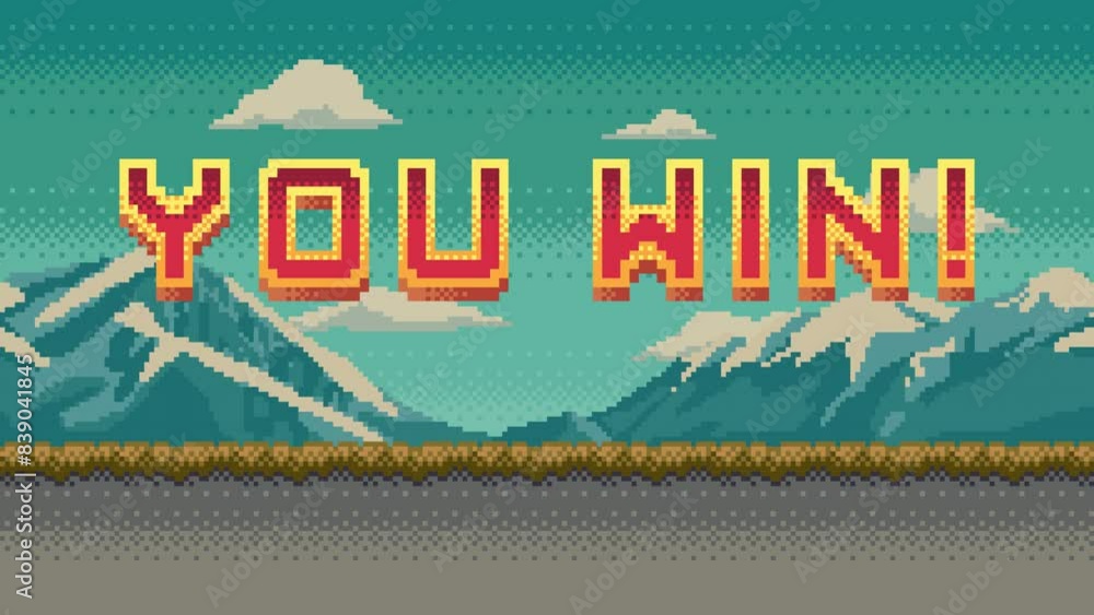 Poster animated you win text on 8 bit video game background. pixel art screen with mountains, sky, clouds, 
