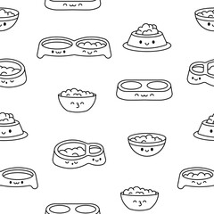 Pets bowl with happy face. Seamless pattern. Coloring Page. Food for cats and dogs. Cartoon kawaii character. Hand drawn style. Vector drawing.