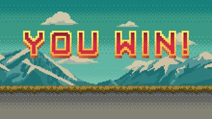 Animated You Win text on 8 bit video game background. Pixel art screen with mountains, sky, clouds, and ground. 4K resolution loop animation. - Powered by Adobe