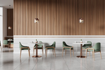 Wooden cafe interior with chairs and tables, dining area with minimalist design