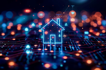 Obraz premium Schematic diagram of a smart home with a central home chip.