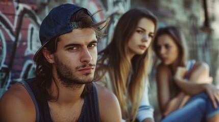 young man with two young woman, love triangle, outdoors shot