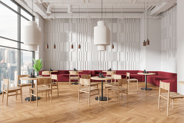 Modern restaurant interior with wooden furniture and red sofas, bright daylight, urban skyline view. Minimalist design concept.  3D Rendering